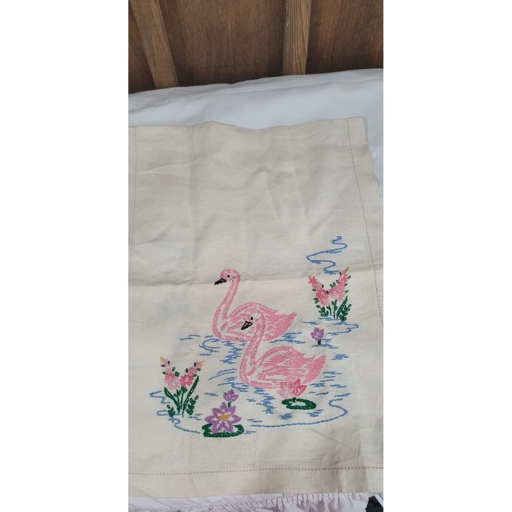 Vintage Embroidered Table Runner with Flamingos and Floral Design